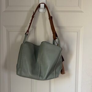 The Sak Sage Green Leather Shoulder Bag with Tan Strap